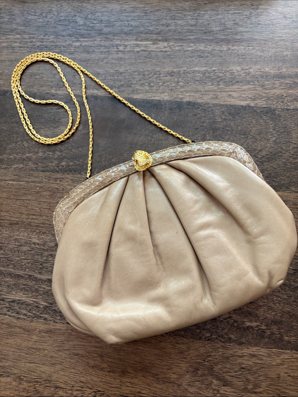Morris Moskowitz Vintage Taupe Leather Evening Crossbody with Gold Chain